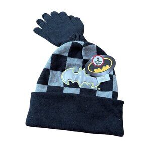 DC Comics Boys Batman Hat & Gloves Set Black & Gray Checkered Knit Silver Bat